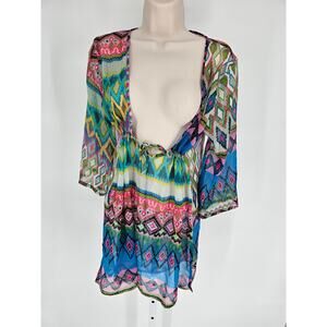 Fashion Fuse Womens Sz M Semi Sheer Swimsuit Coverup Aztec Print Colorful